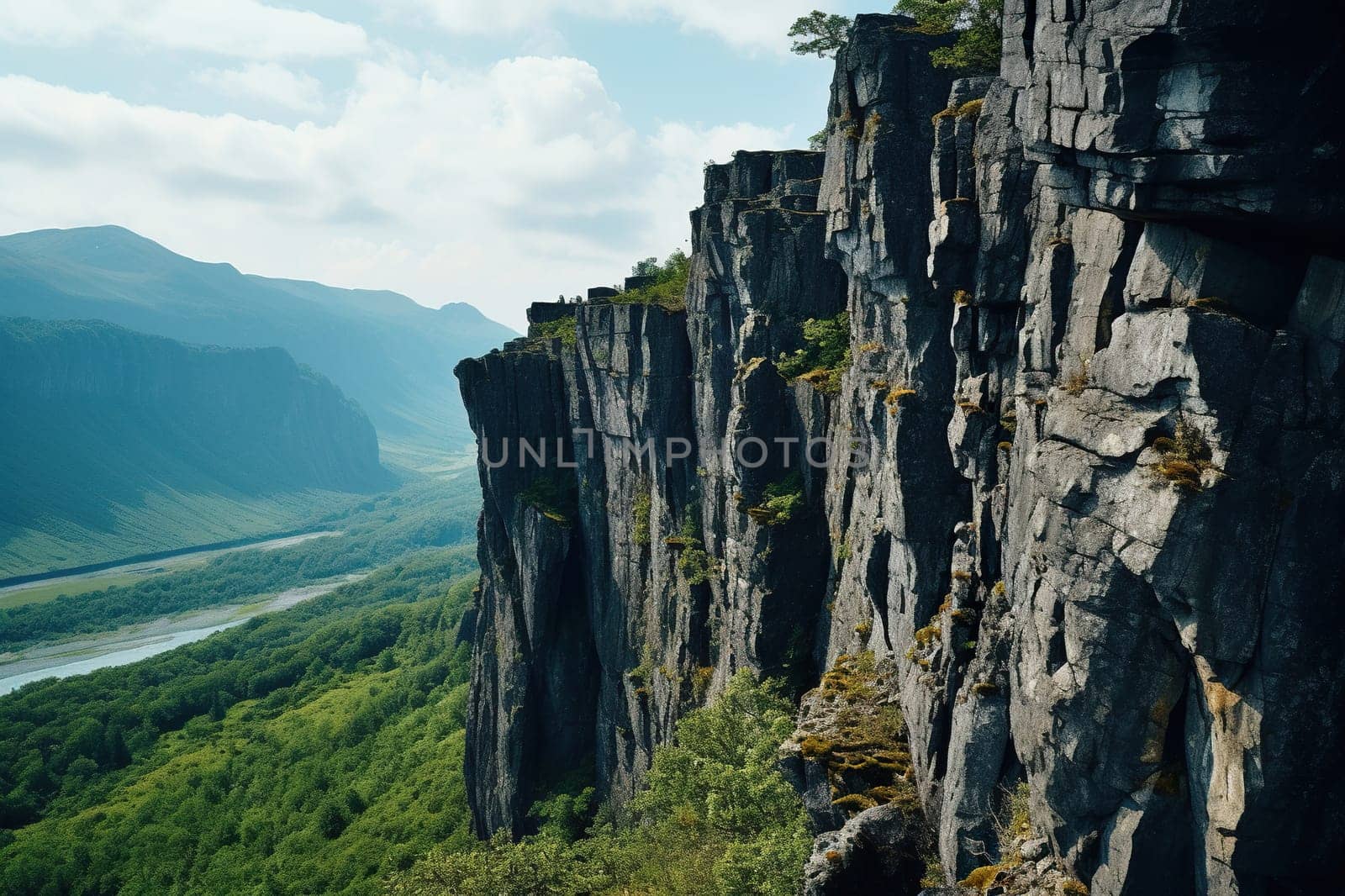 Top view of beautiful rocks with greenery in the fog.