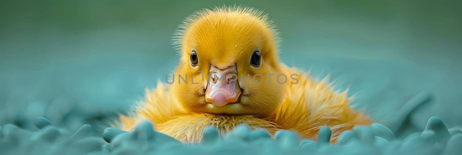 A close up of a duckling with its head sticking out