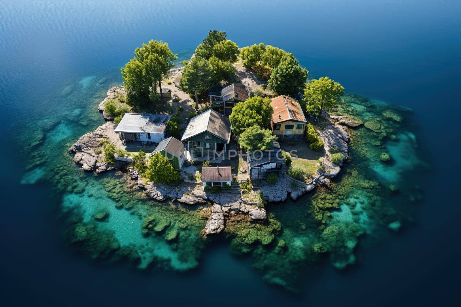 Top view of a small island with houses in the middle of the ocean, sea.