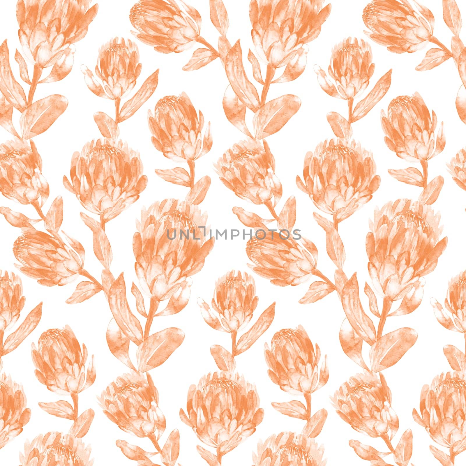 Seamless monochrome watercolor pattern with vertical protea flowers for textile and surface design