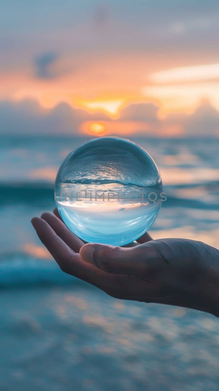 A person holding a glass ball with the ocean in front of it
