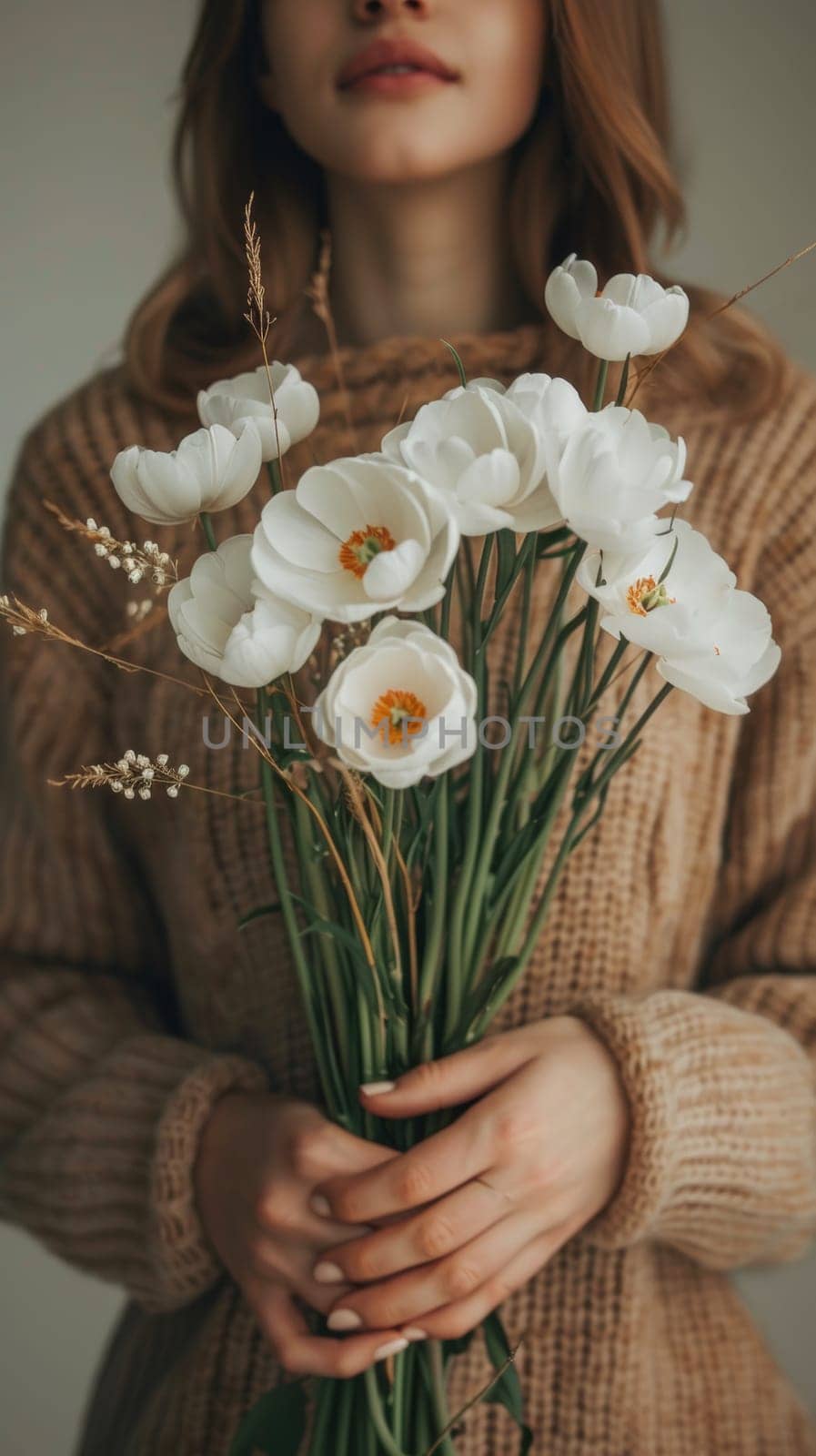 A woman in a sweater holding flowers and looking down