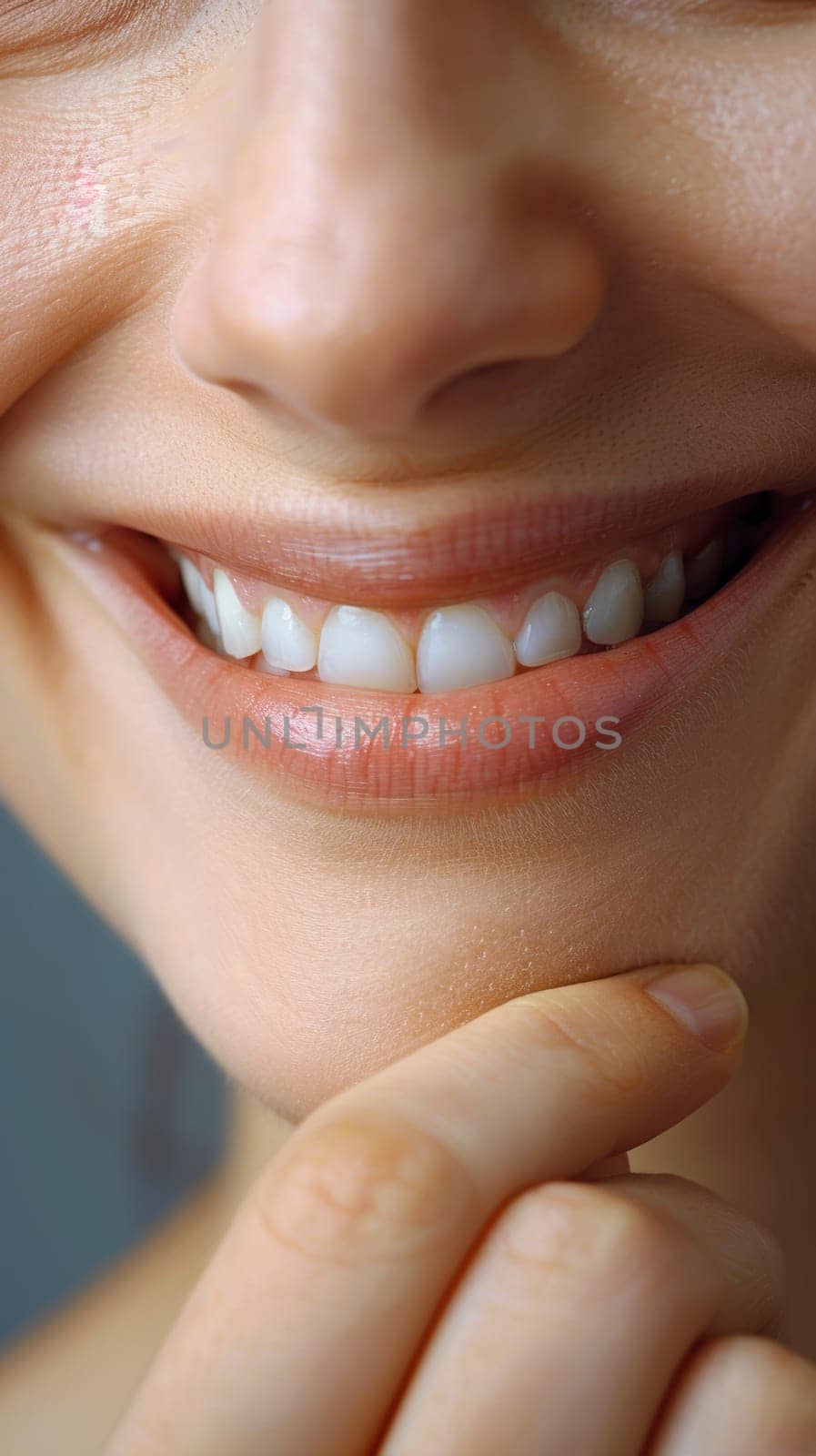 A close up of a woman smiling while holding her teeth