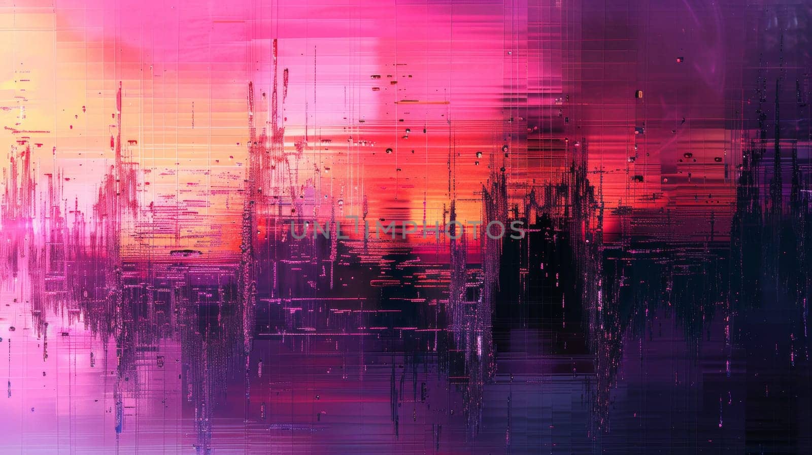 A painting of a city skyline with purple and pink colors