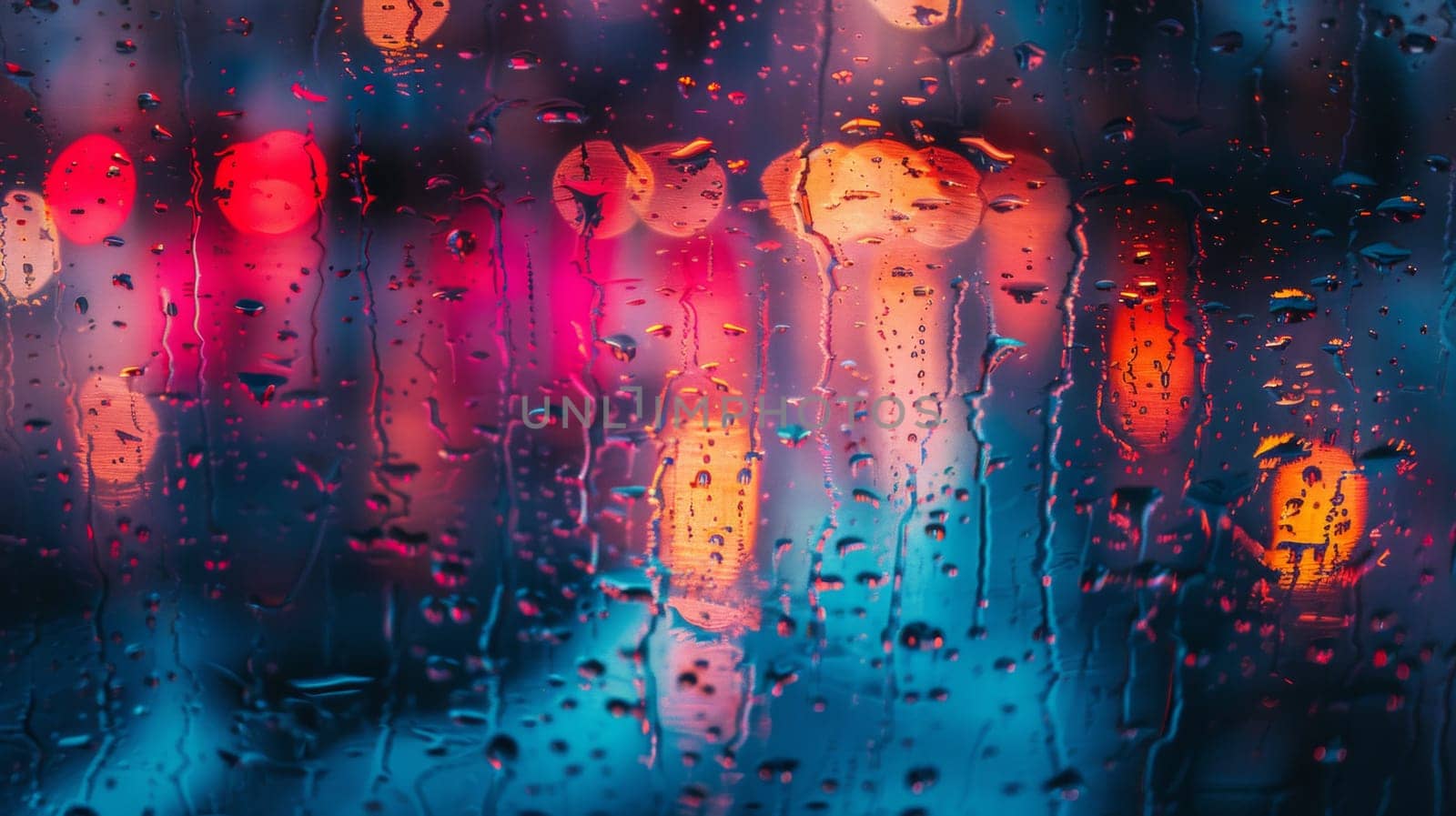 A close up of a rain soaked window with lights in the background