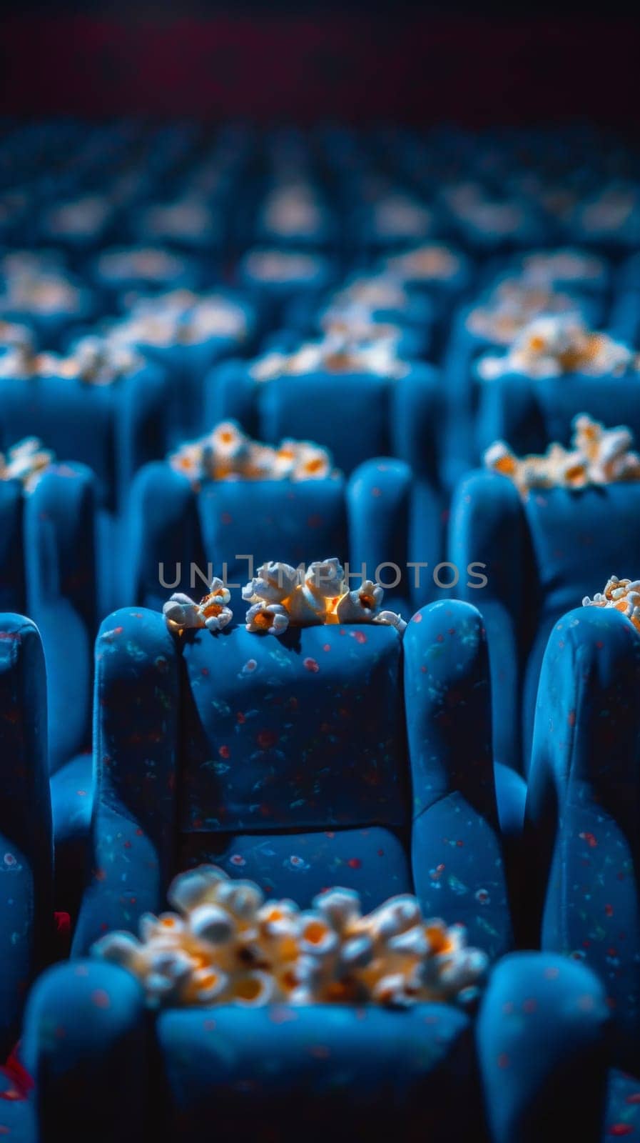 A row of blue chairs with popcorn on them and a wall behind