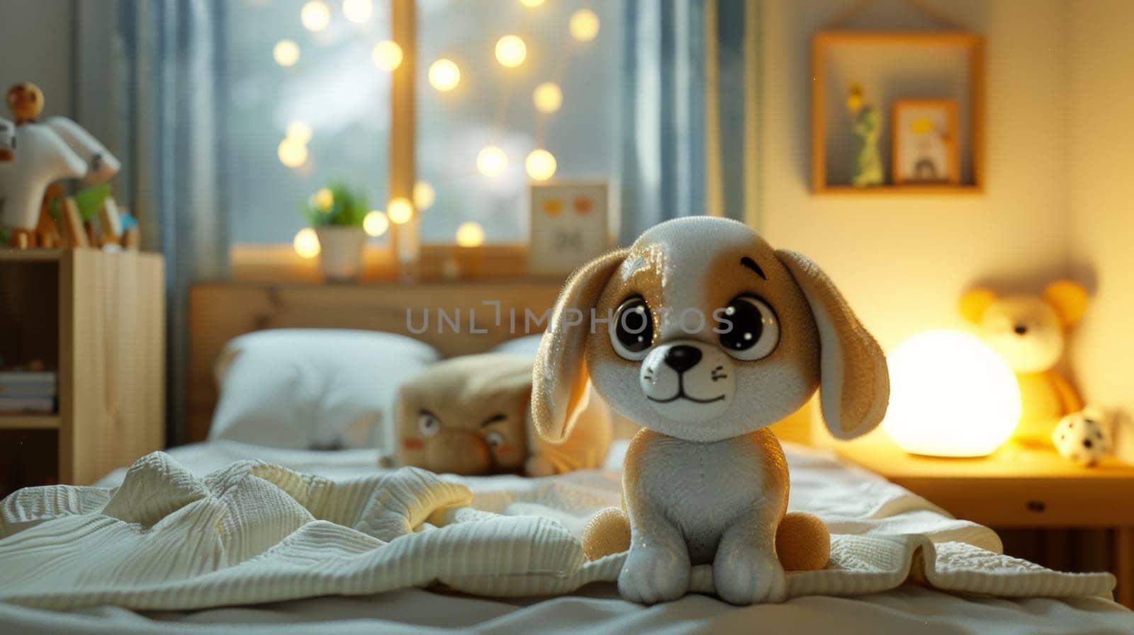 A stuffed dog sitting on a bed in front of some lights