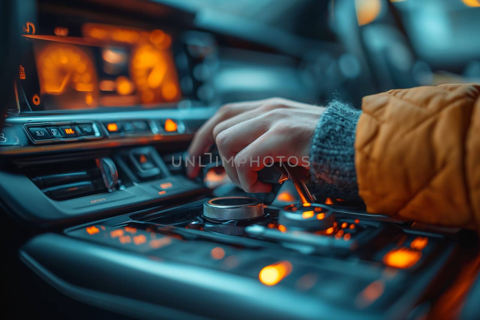Man using gearshift in modern car.