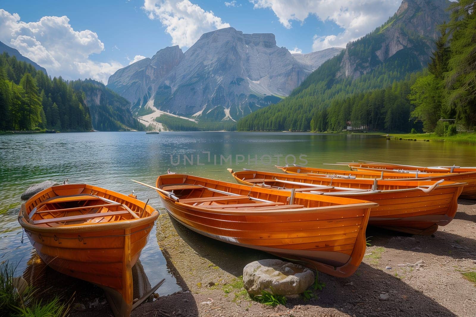 Several wooden boats resting on calm lake waters under a clear sky.