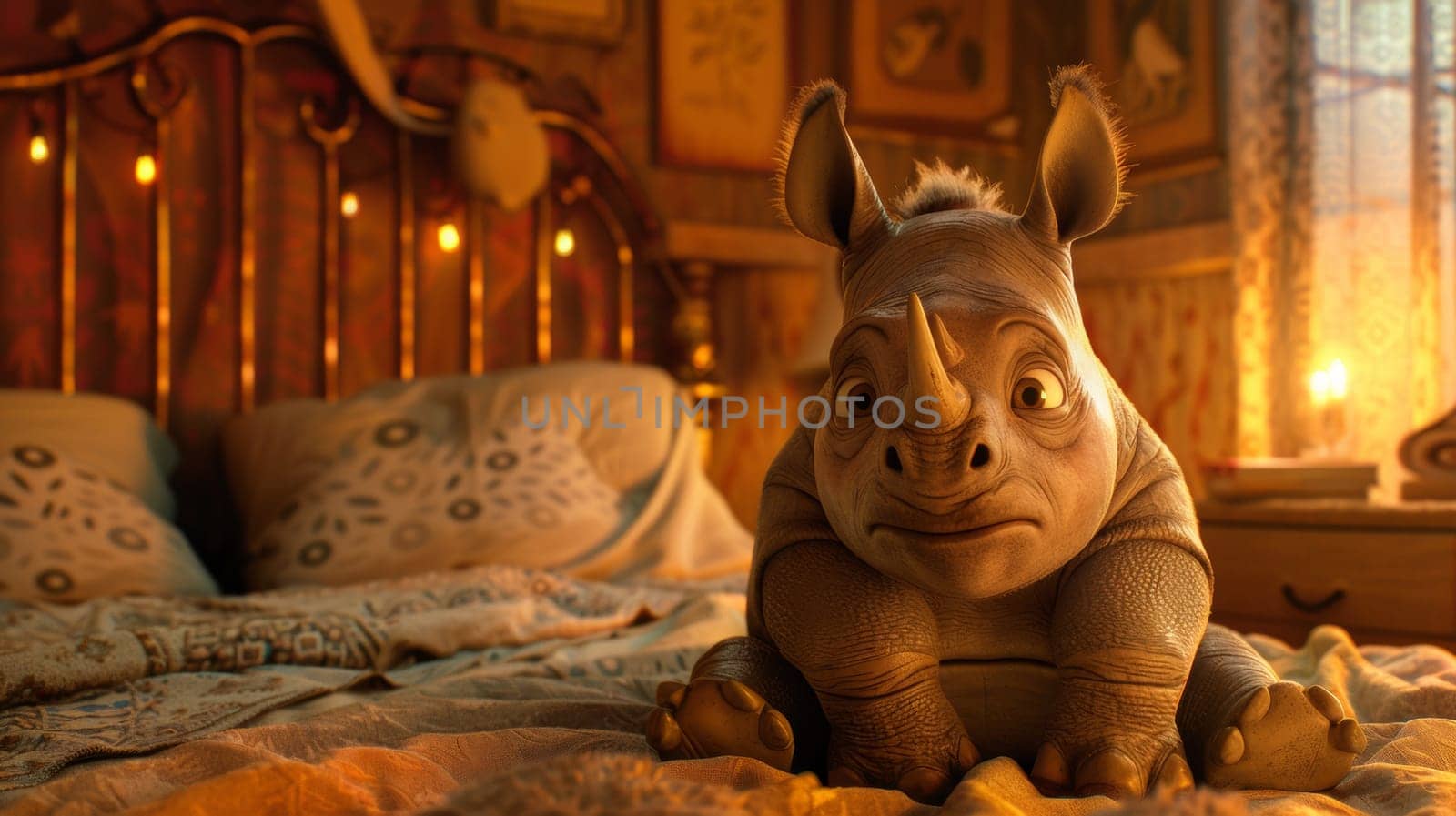 A small rhino sitting on a bed in front of some lights