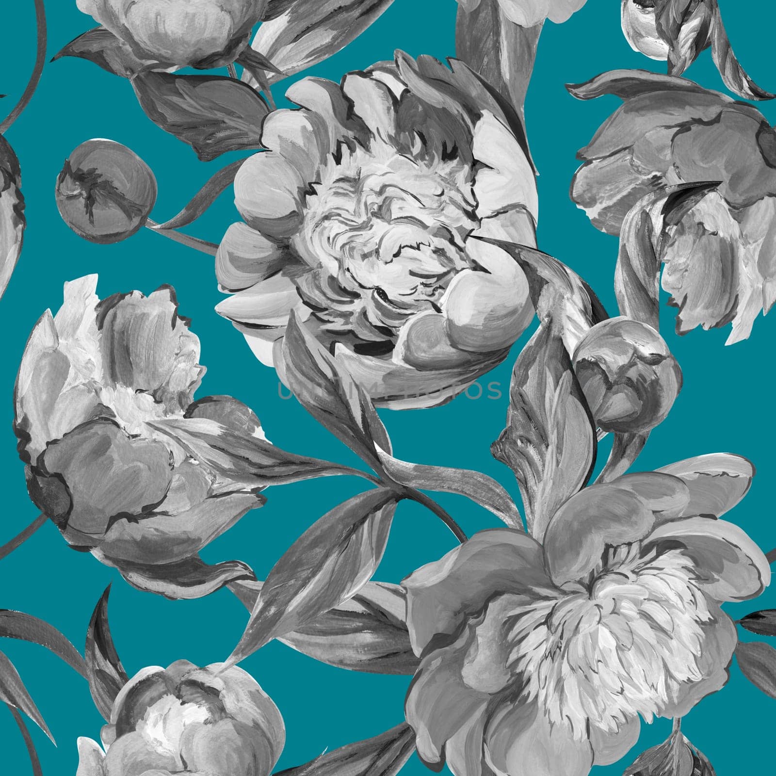 Seamless monochrome spring pattern drawn in gouache with pink peonies for trxtile