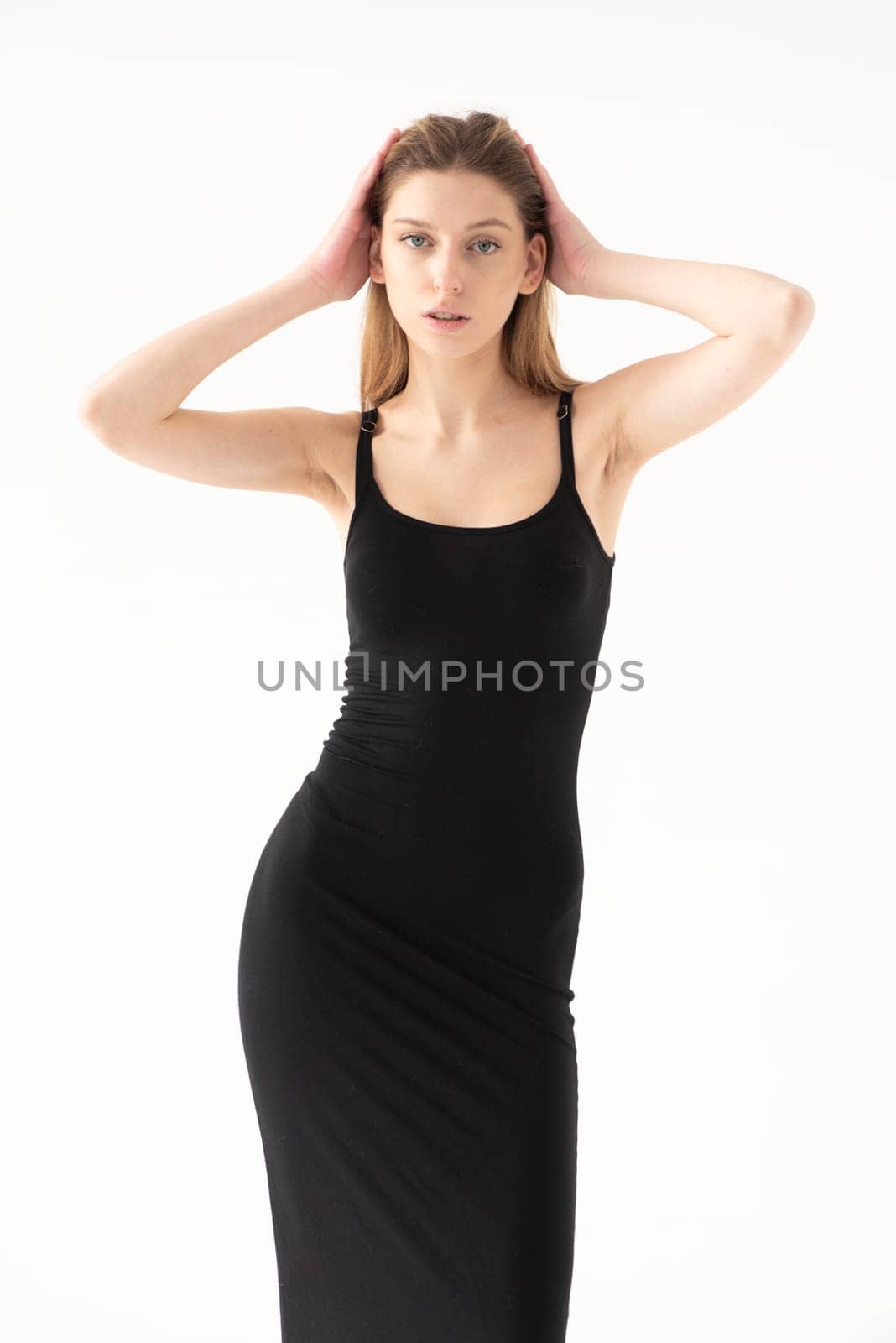 Studio model test, snap, polaroid. Beautiful young european woman on white background by OleksandrLipko