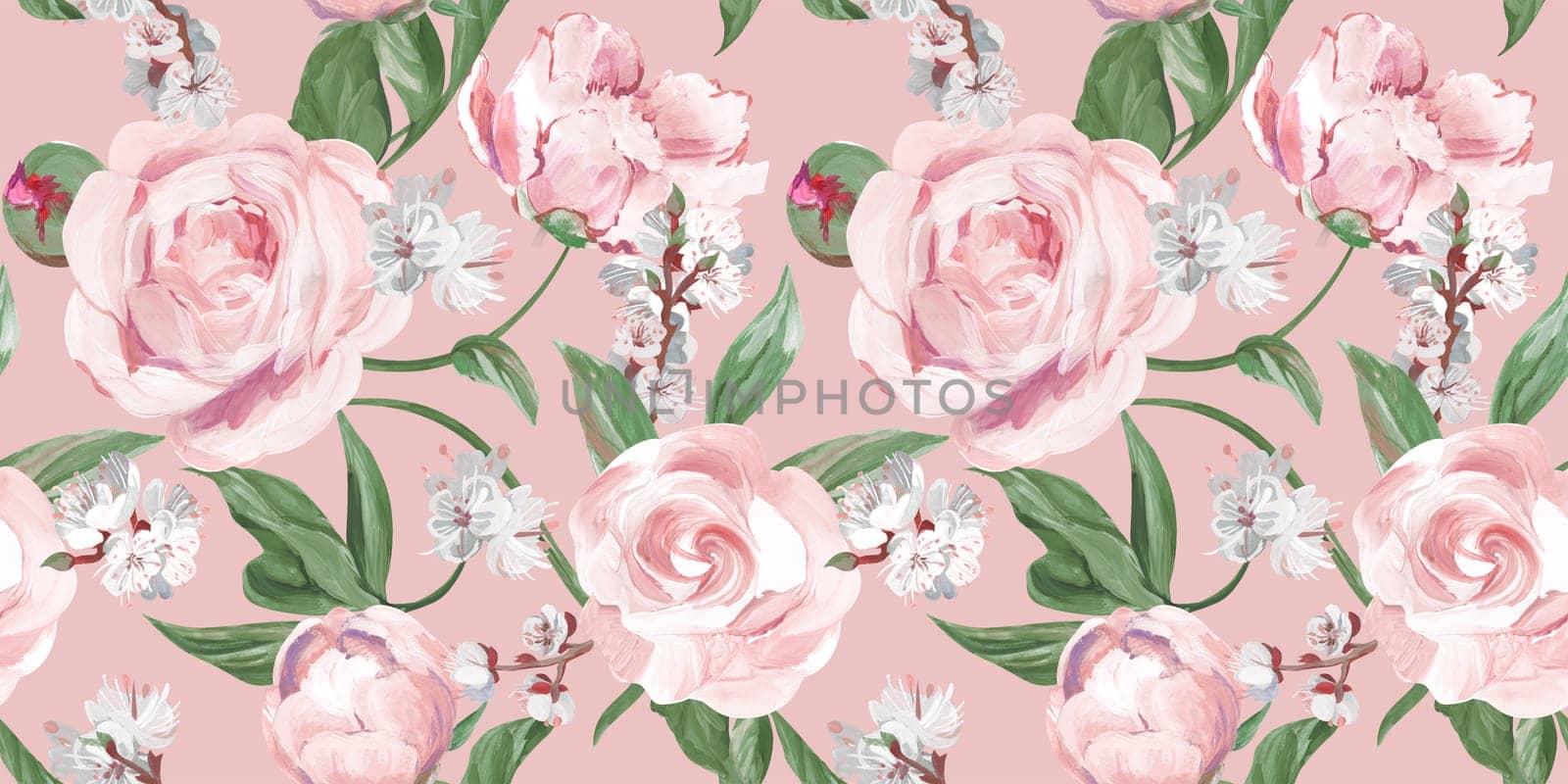 Spring seamless pattern with rose flowers and sakura blossoms for delicate home design feminine decor