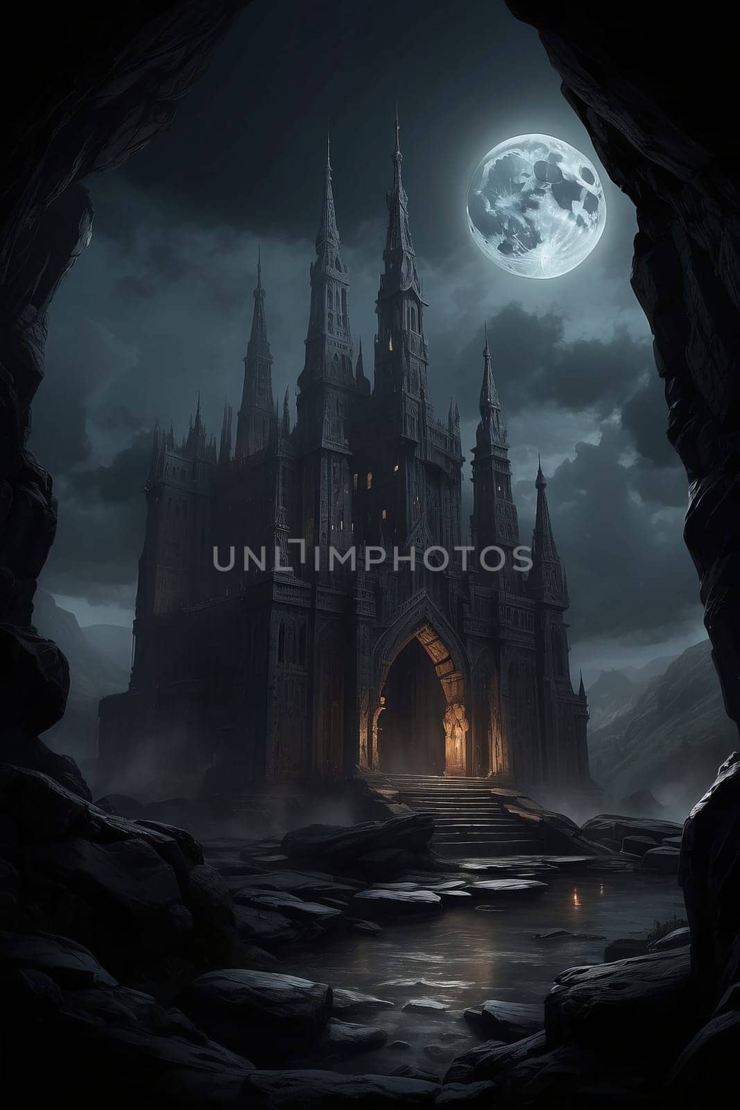 Gothic dark castle under the moon by applesstock