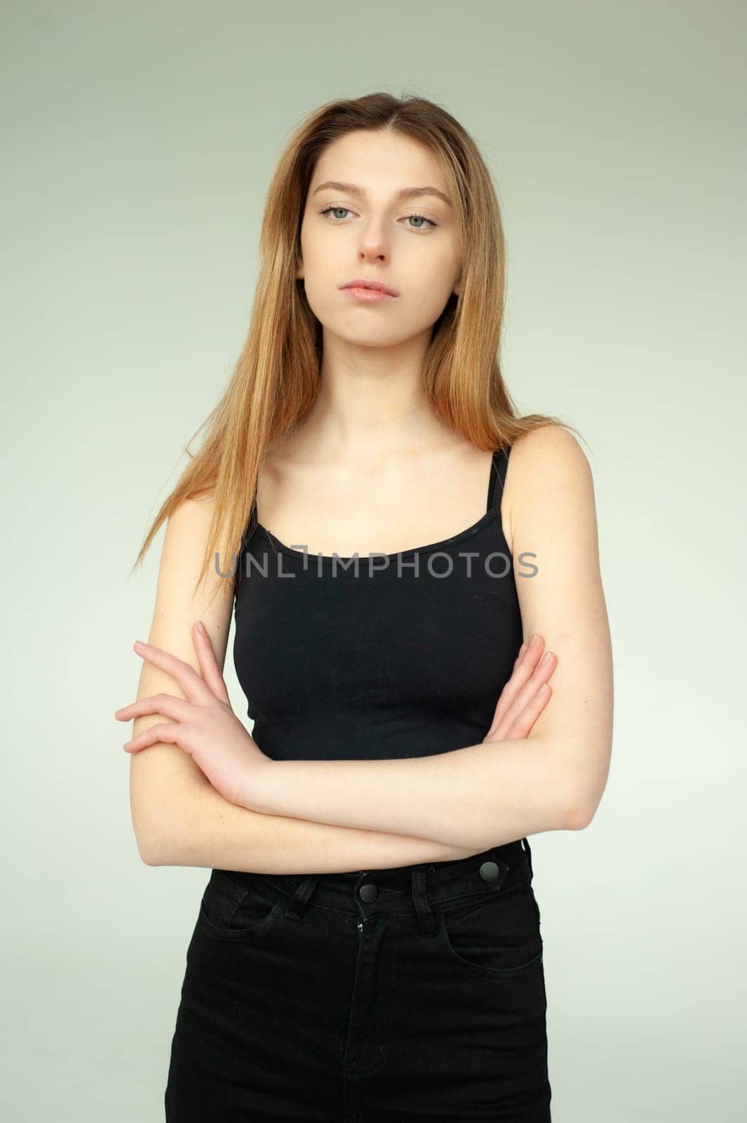 Studio model test, snap, polaroid. Beautiful young european woman on white background by OleksandrLipko