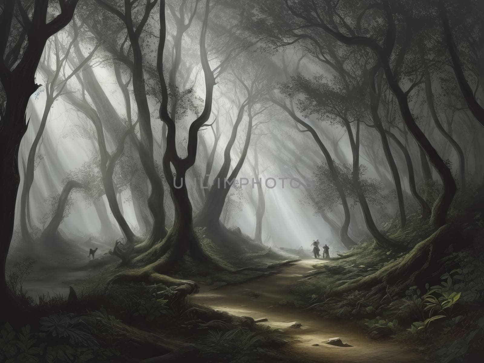 Gloomy foggy forest by applesstock