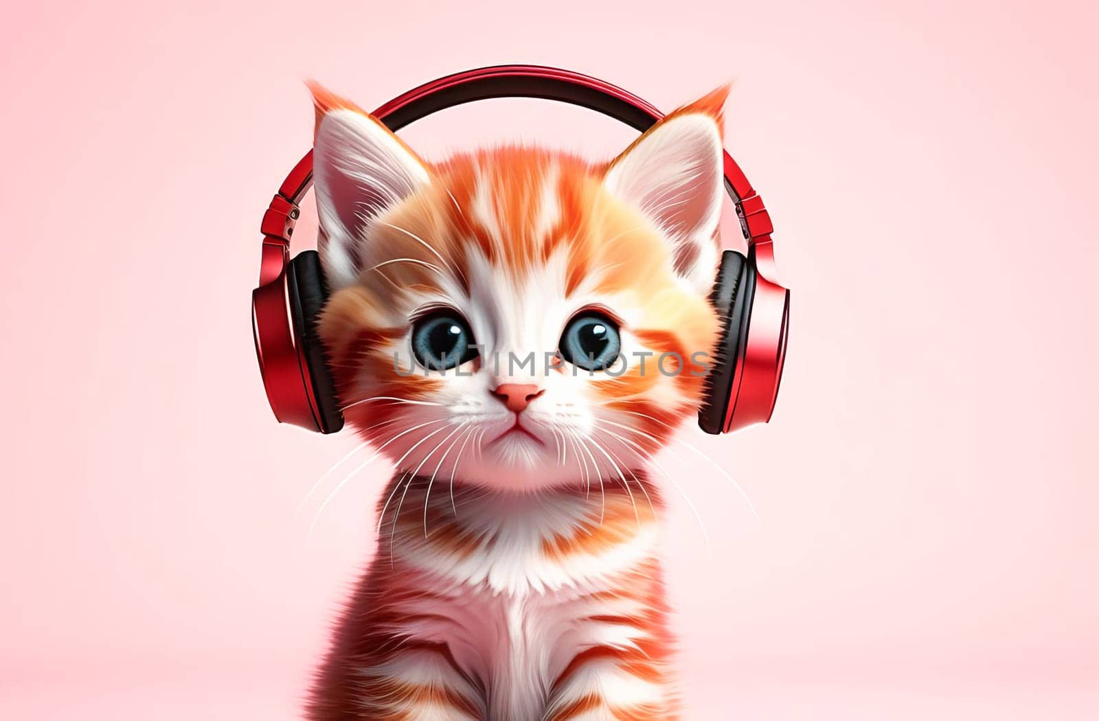 Adorable cartoon red kitten wearing stylish headphones. by OlgaGubskaya