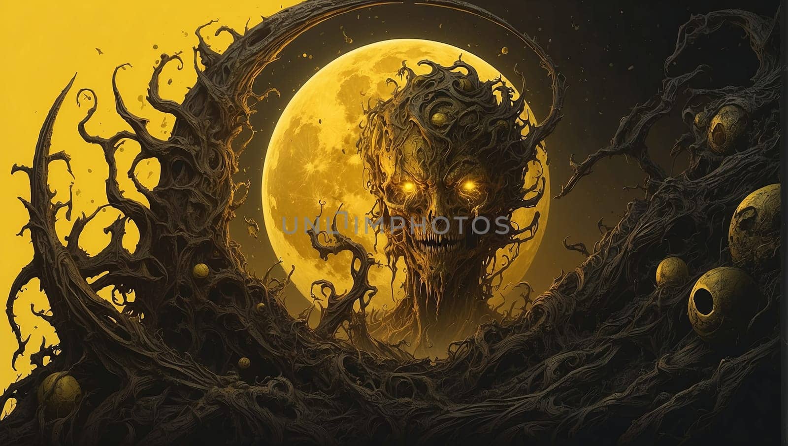 Spooky landscape with yellow moon. AI generated