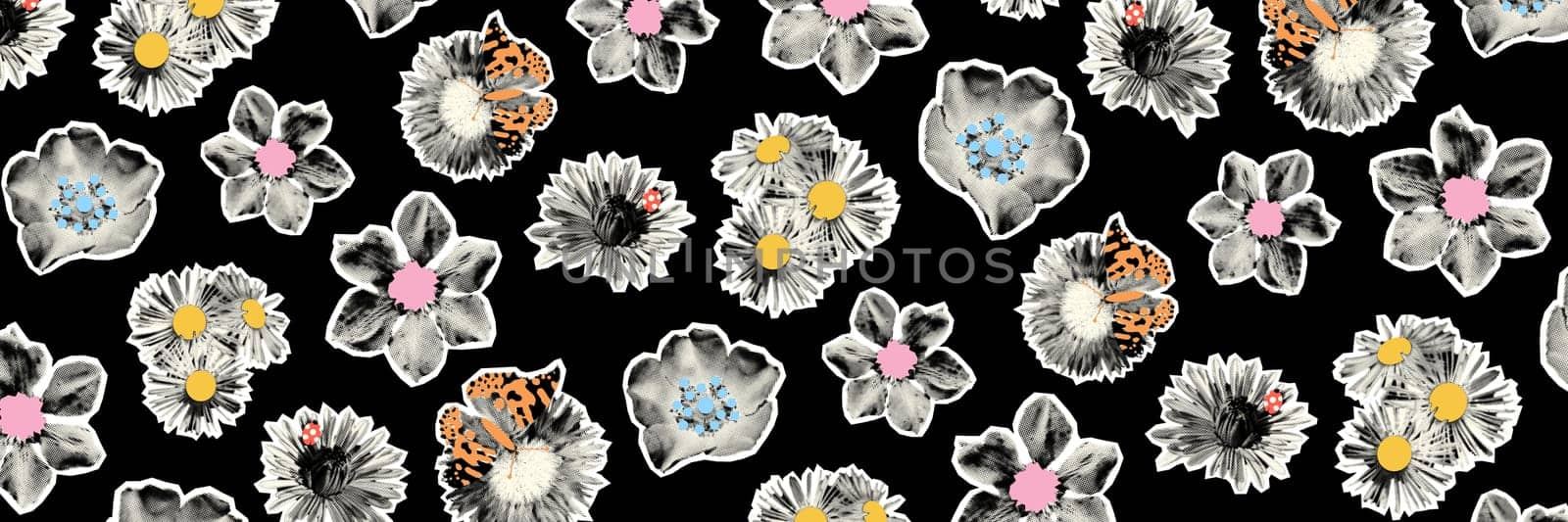Wild flowers halftone collage banner template with doodle petals, butterfly. Grunge punk cut out shapes, dotted summer background. Trendy modern retro illustration isolated on black background