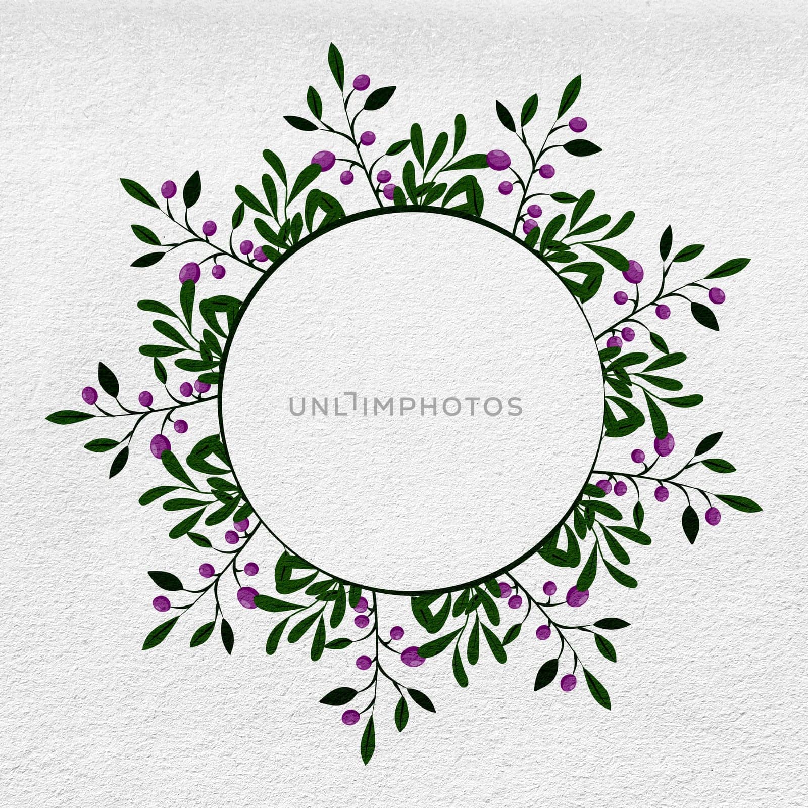 A circular frame filled with vibrant purple flowers and lush green leaves, creating a visually striking display of natures beauty and symmetry. The flowers are neatly arranged in a circular pattern, with the green leaves adding depth and contrast to the overall composition.