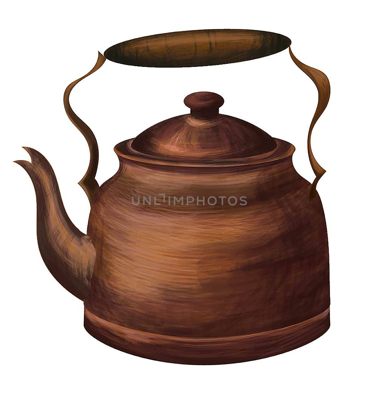 A brown tea kettle with a wooden handle placed on a stovetop. The kettle is made of metal with a glossy finish and has a spout and a lid. Steam is visible coming out of the spout as the water inside heats up.