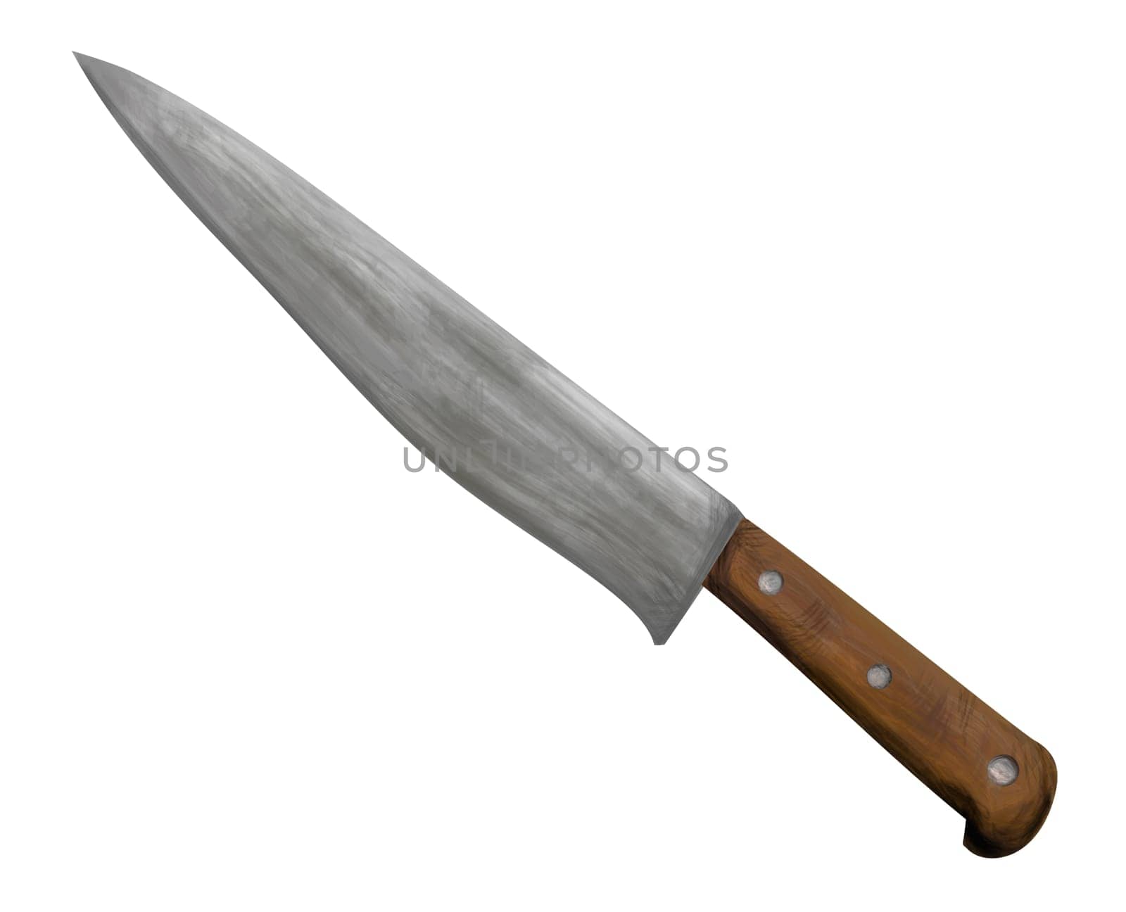 A large knife with a wooden handle is displayed on a plain white background. The knifes handle is crafted from smooth, polished wood, contrasting against the stark white backdrop.