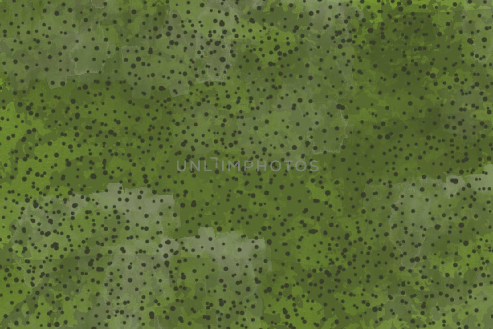 A vibrant green background is covered with numerous small black dots evenly scattered across the surface. The dots create a contrast against the green backdrop, forming a visually striking pattern.