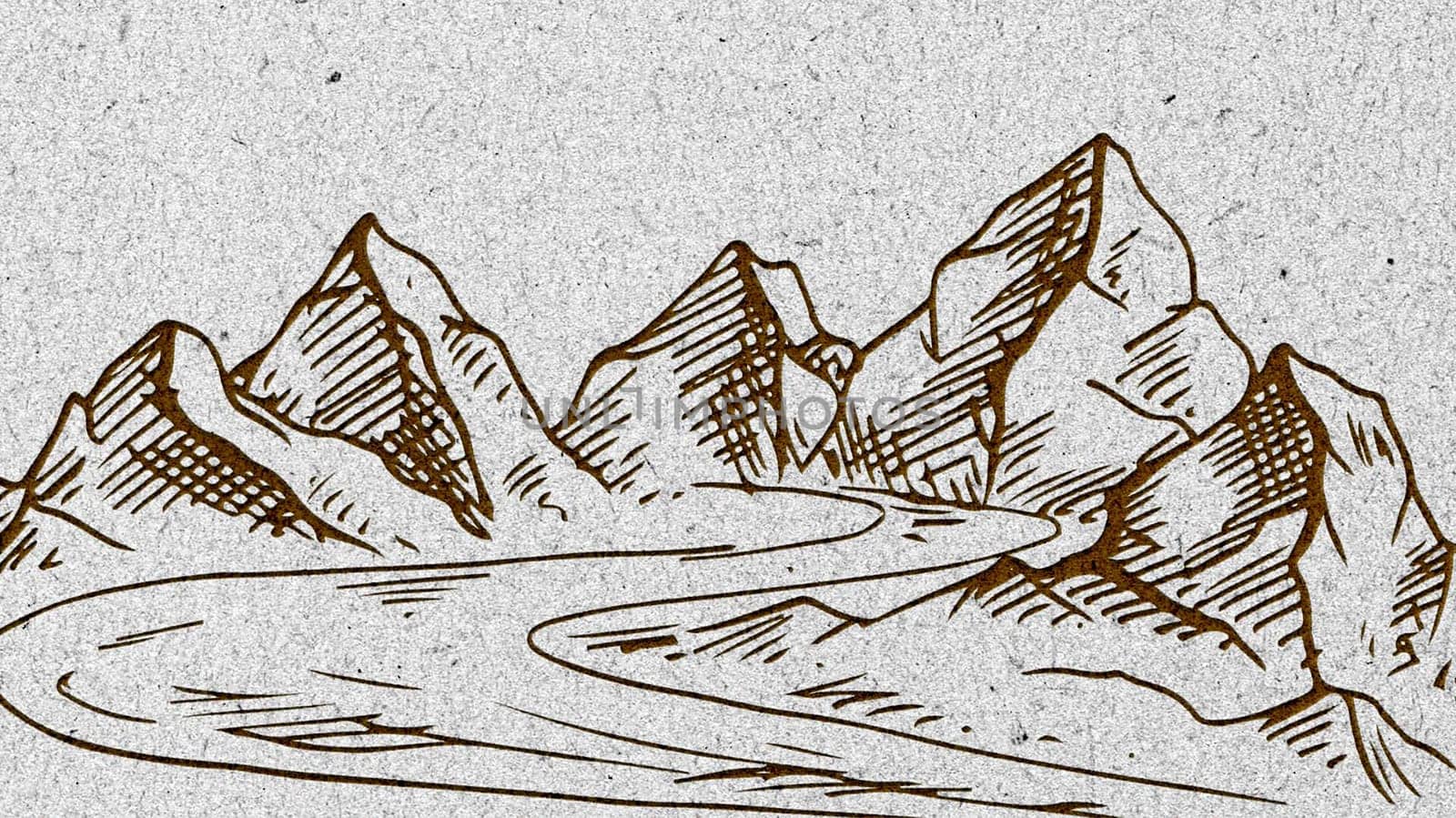 A detailed drawing depicting a mountain with a road cutting through it. The road winds its way through the rugged terrain of the mountain, leading the viewers eye through the scene.