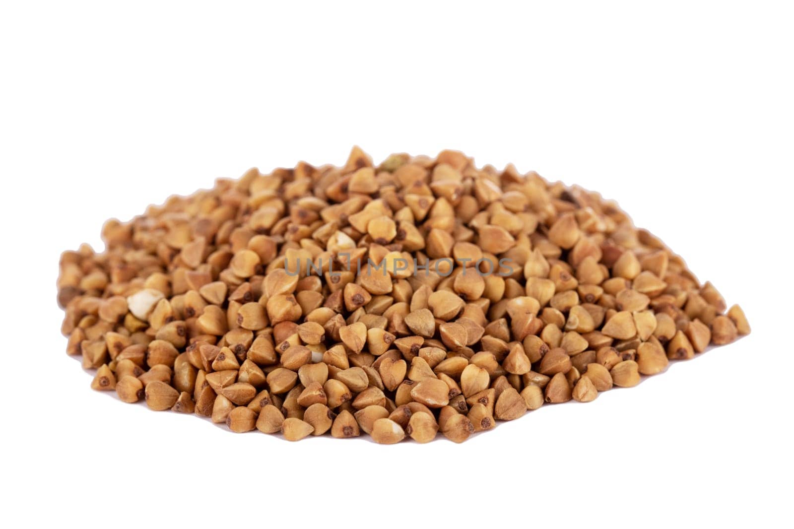 Raw buckwheat grains isolated on white background. Healthy food and ingredient concept