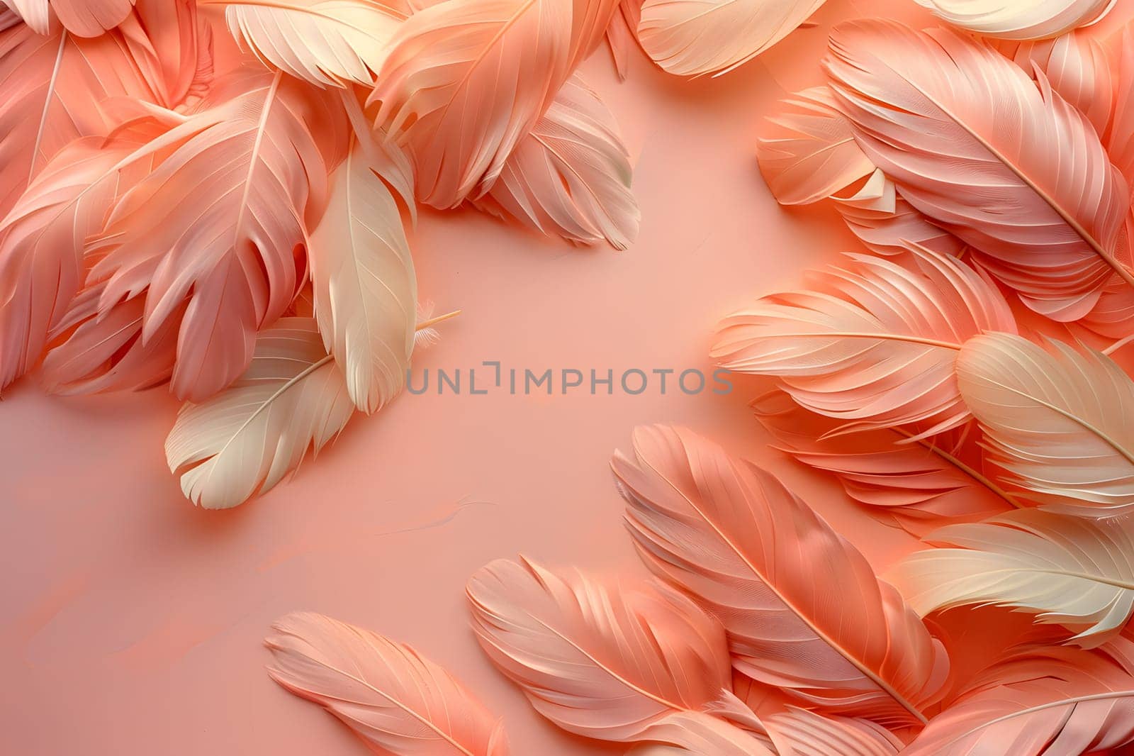 A plethora of pink feathers sit delicately on a soft pink background, resembling a flowering plant in full bloom. The natural material creates a stunning pattern of peach, magenta, and pink hues