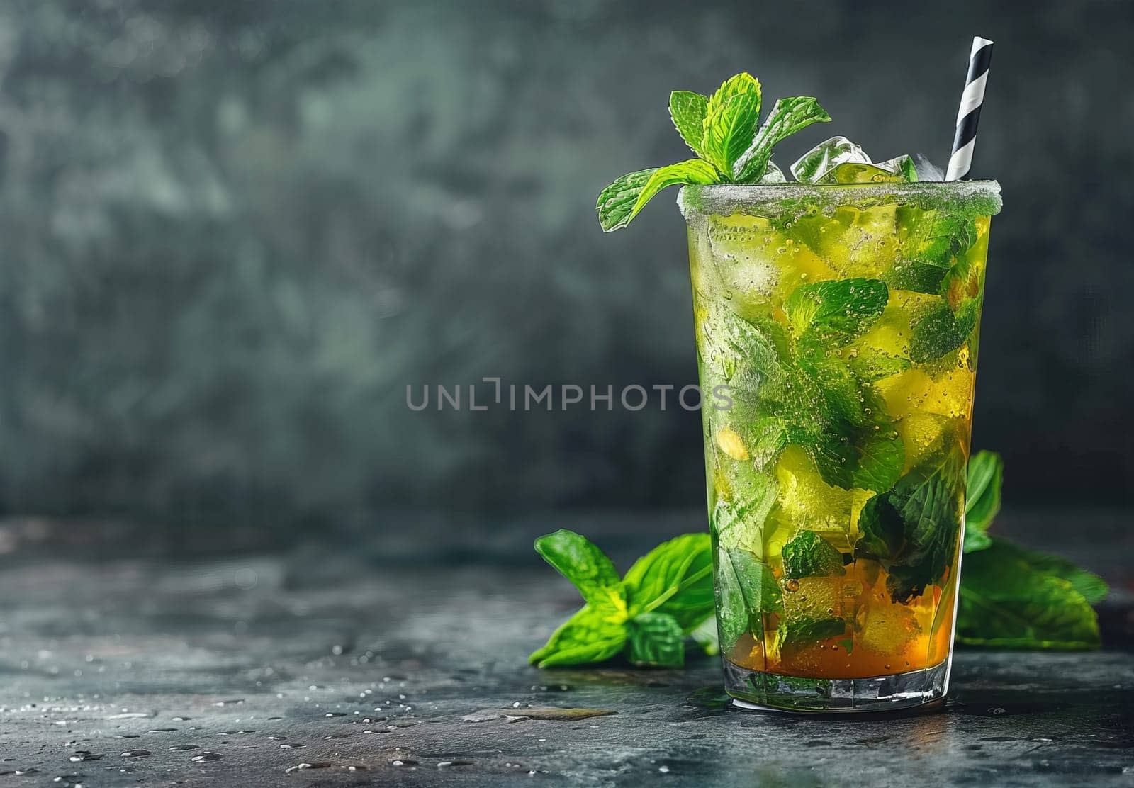 Mojito cocktail with lime and mint in glass on a grey stone background. Copy space.