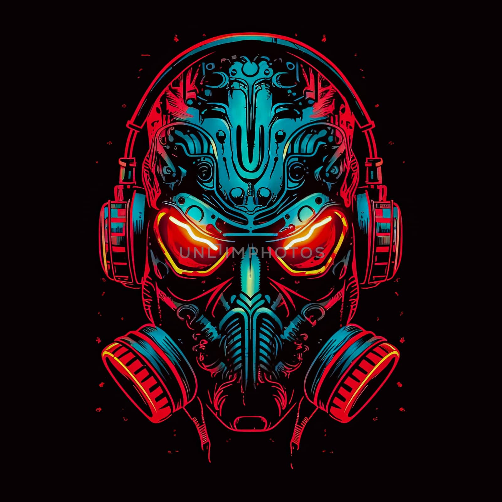 A skull with red and blue colors and a red flame on the right side. The skull is wearing headphones and has a red eye. Scene is dark and futuristic