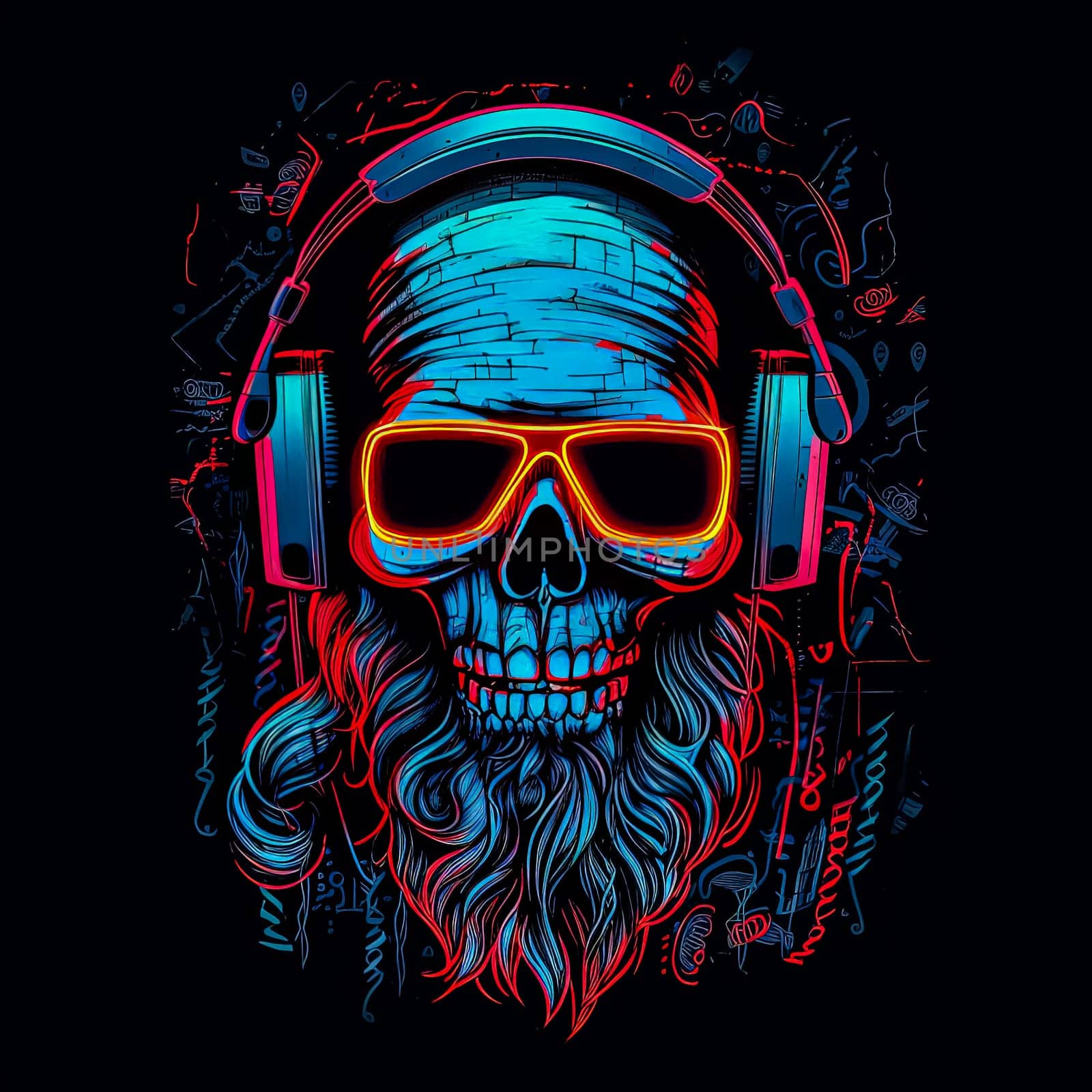 A skull with headphones on it. The skull is wearing headphones and has a beard