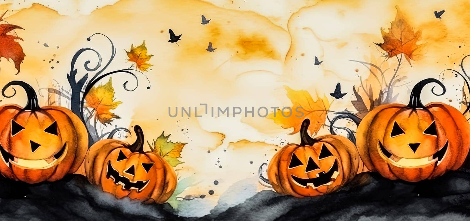 A painting of pumpkins with a spooky Halloween theme. The pumpkins are smiling and have their eyes open, creating a fun and festive atmosphere