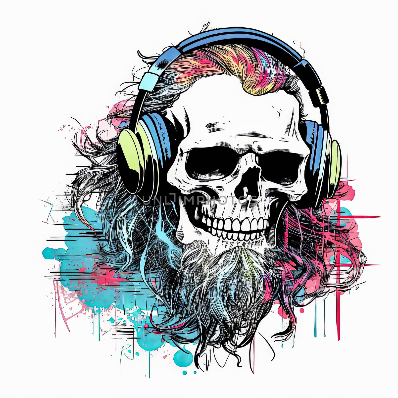 Skull with headphones on it. Skull is white and has a grey face