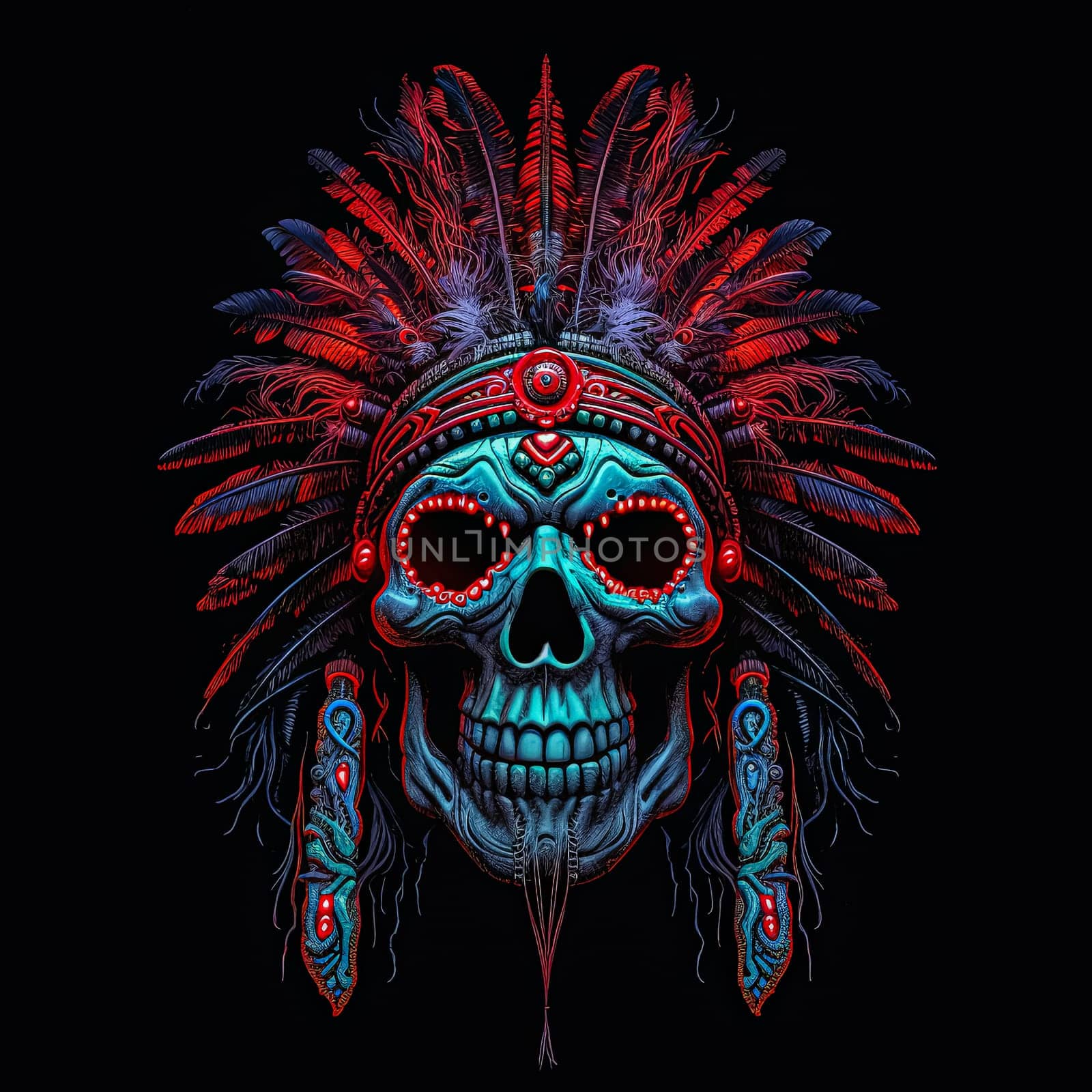 A skull with a feather headdress and a red and blue background. The skull is surrounded by feathers and has a tribal design