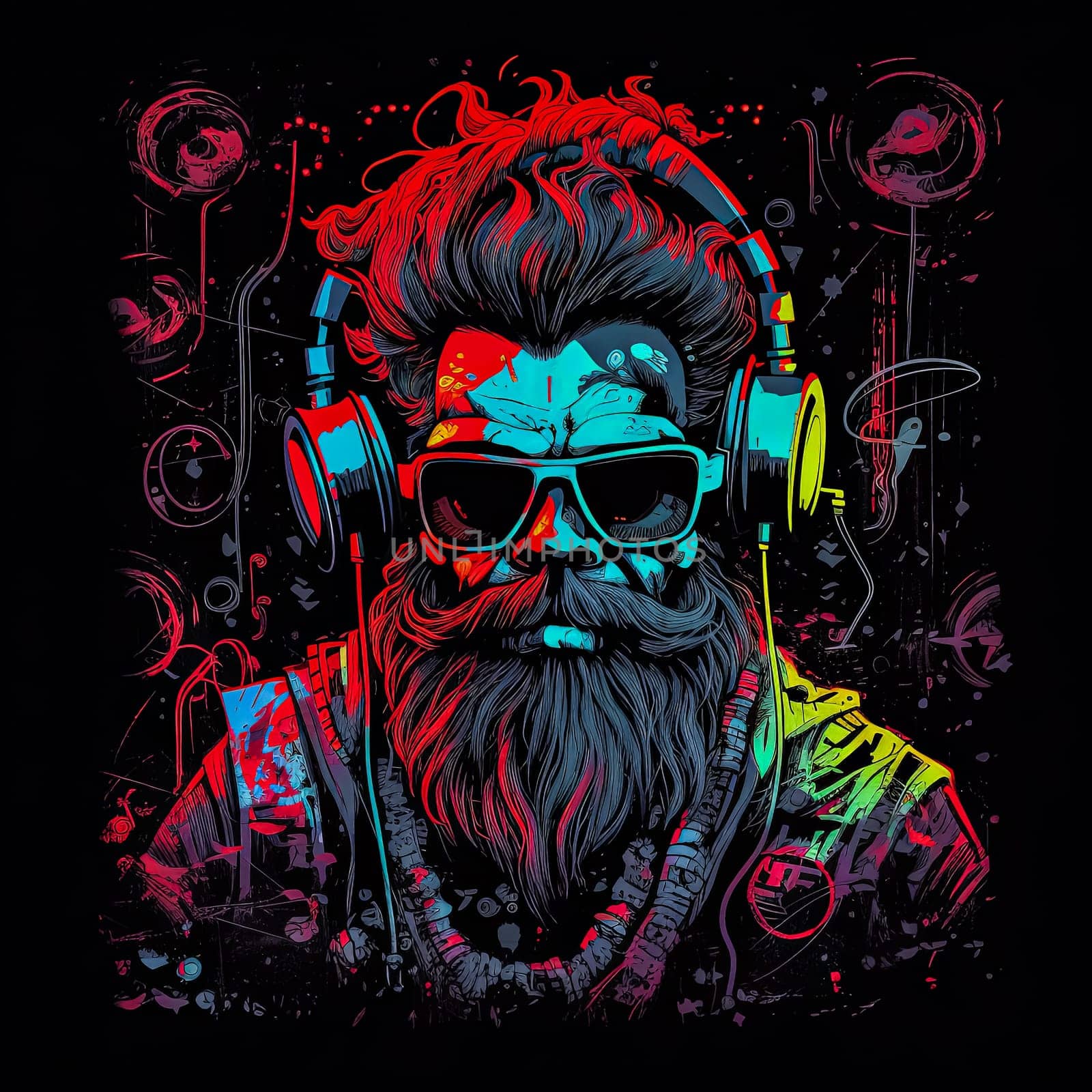 A man with a beard and sunglasses is wearing headphones and smiling. The background features skulls and bones, giving the image a dark and edgy vibe