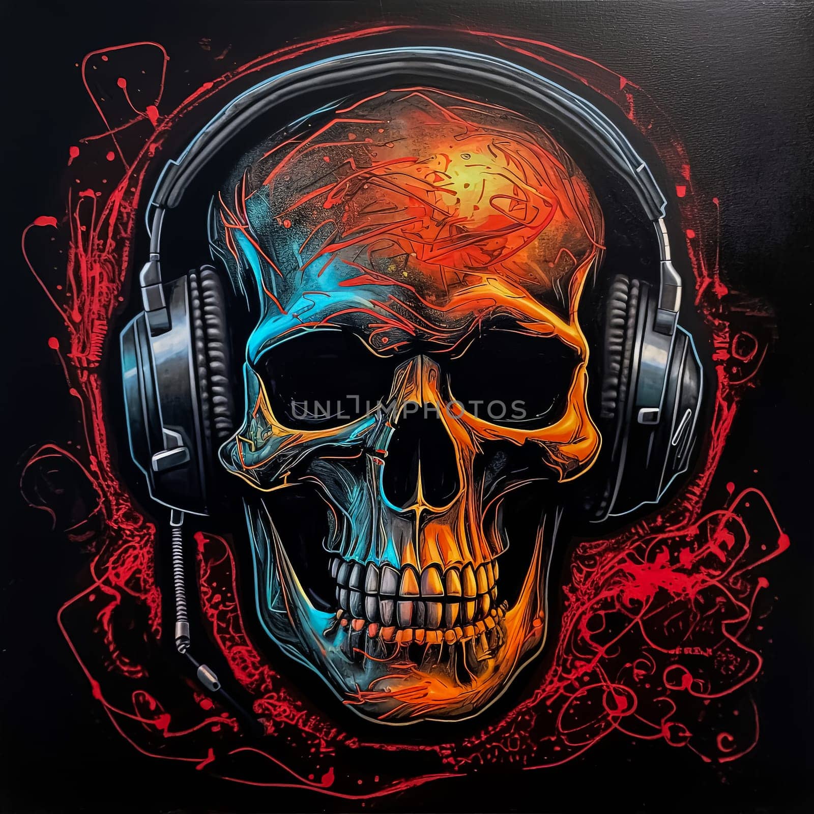 A neon skull with neon colors. The skull is surrounded by a colorful background. The colors are bright and vibrant, giving the image a fun and energetic vibe