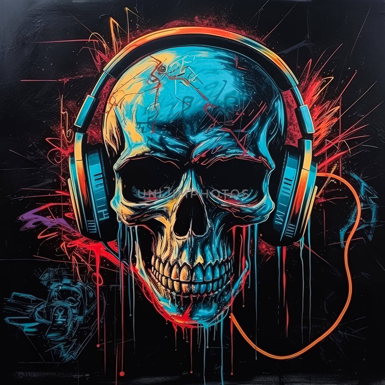 A neon skull with neon colors. The skull is surrounded by a colorful background. The colors are bright and vibrant, giving the image a fun and energetic vibe