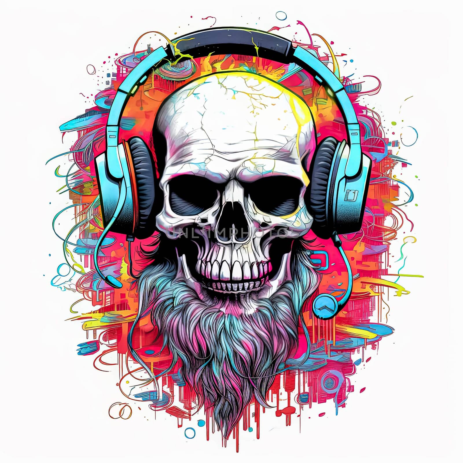 A man with a beard and sunglasses is wearing headphones and smiling. The image has a fun and playful vibe, with the man's expression and the colorful background