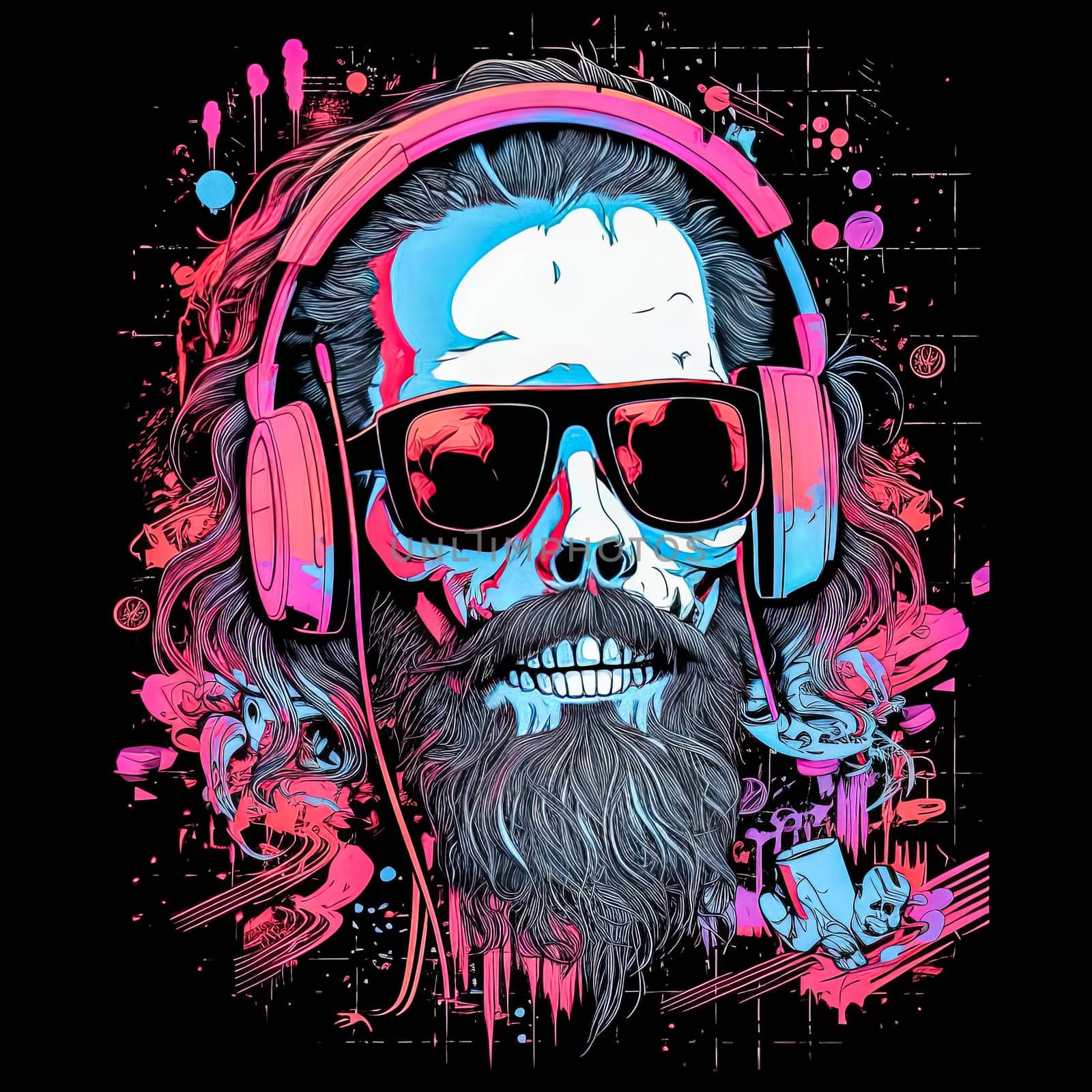 A man with a beard and sunglasses is wearing headphones and smiling by Alla_Morozova93