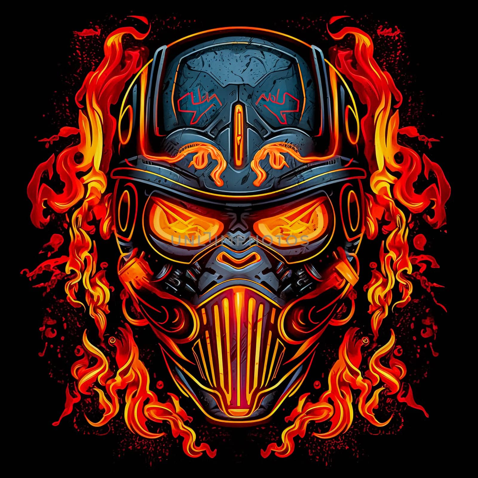 A skull with red and blue colors and a red flame on the right side. The skull is wearing headphones and has a red eye. Scene is dark and futuristic
