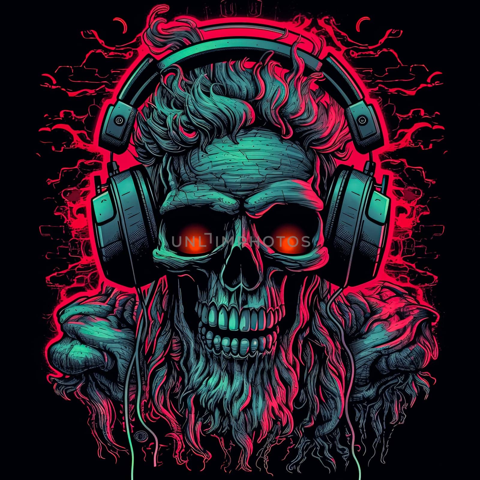A skull with headphones on it. The skull is wearing headphones and has a beard