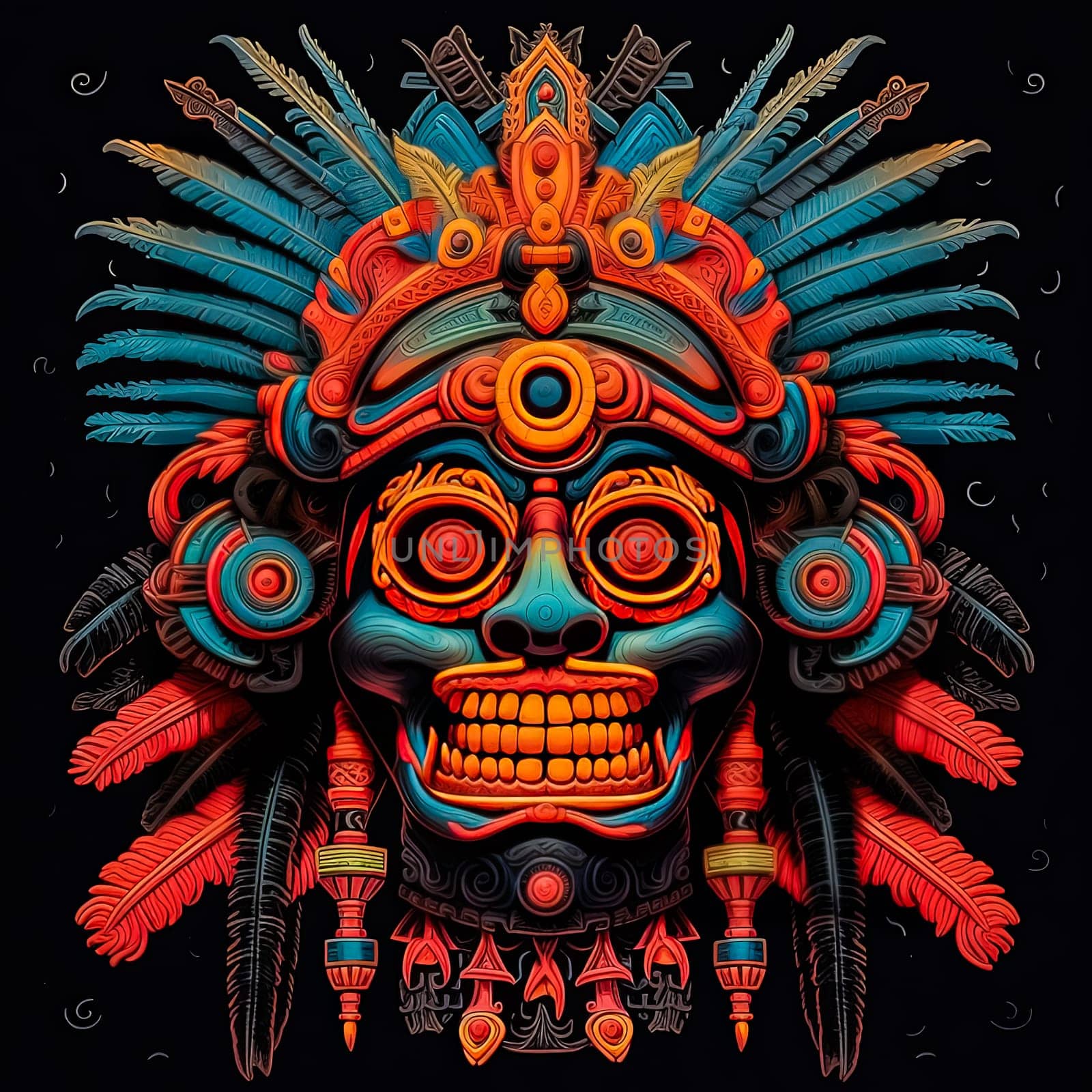A skull with a feather headdress and a red and blue background. The skull is surrounded by feathers and has a tribal design