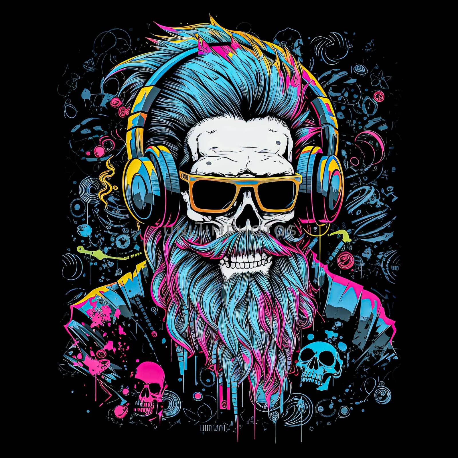 A man with a beard and sunglasses is wearing headphones and smiling. by Alla_Morozova93