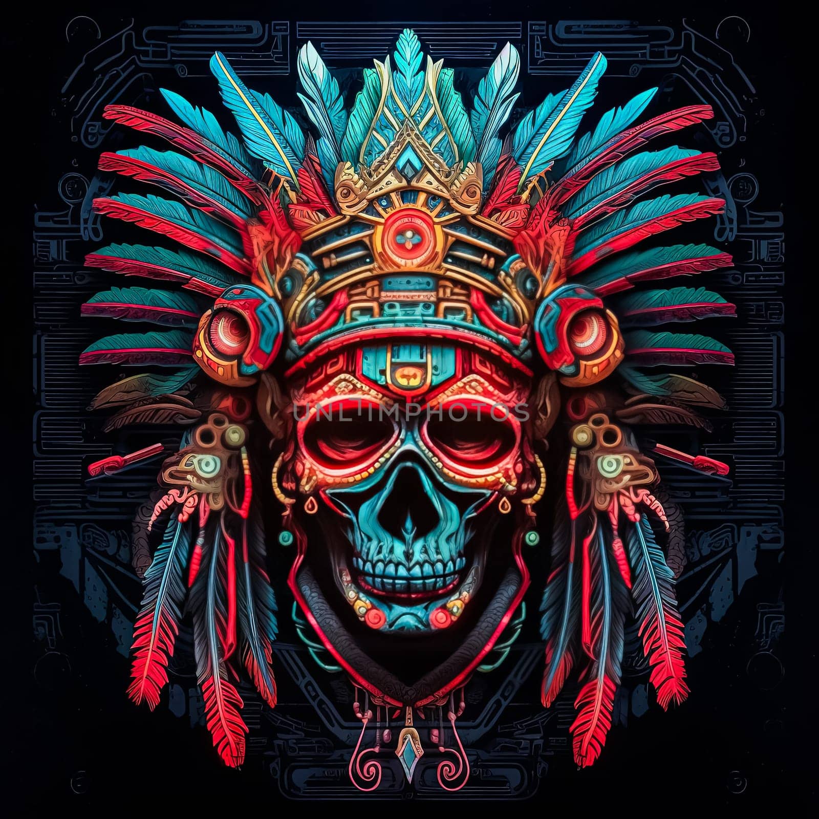 A skull with a feather headdress and a red and blue background. The skull is surrounded by feathers and has a tribal design