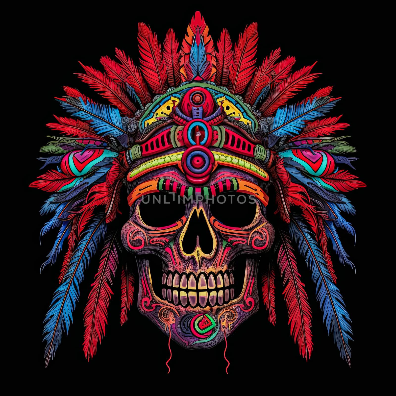 A skull with a feather headdress and a red and blue background. The skull is surrounded by feathers and has a tribal design