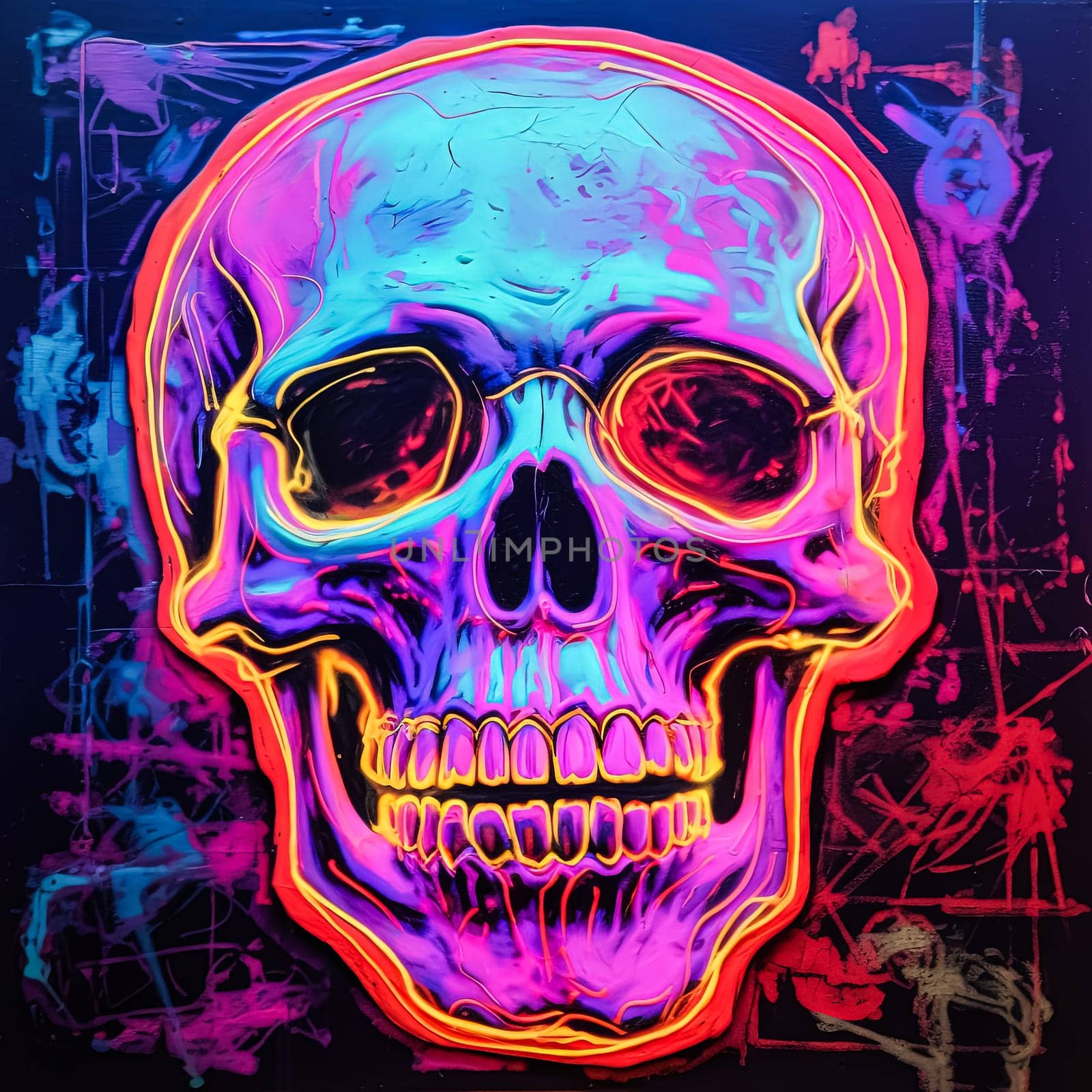 A neon skull with neon colors. The skull is surrounded by a colorful background. The colors are bright and vibrant, giving the image a fun and energetic vibe