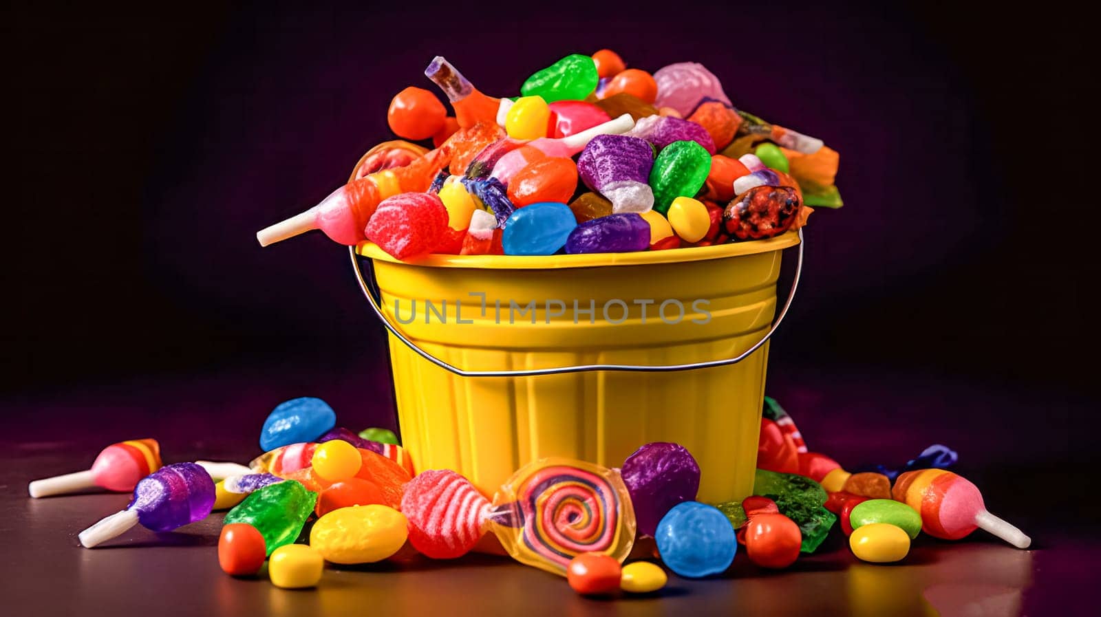 A yellow bucket filled with a variety of colorful candies. The candies are scattered all over the bucket, creating a fun and playful atmosphere