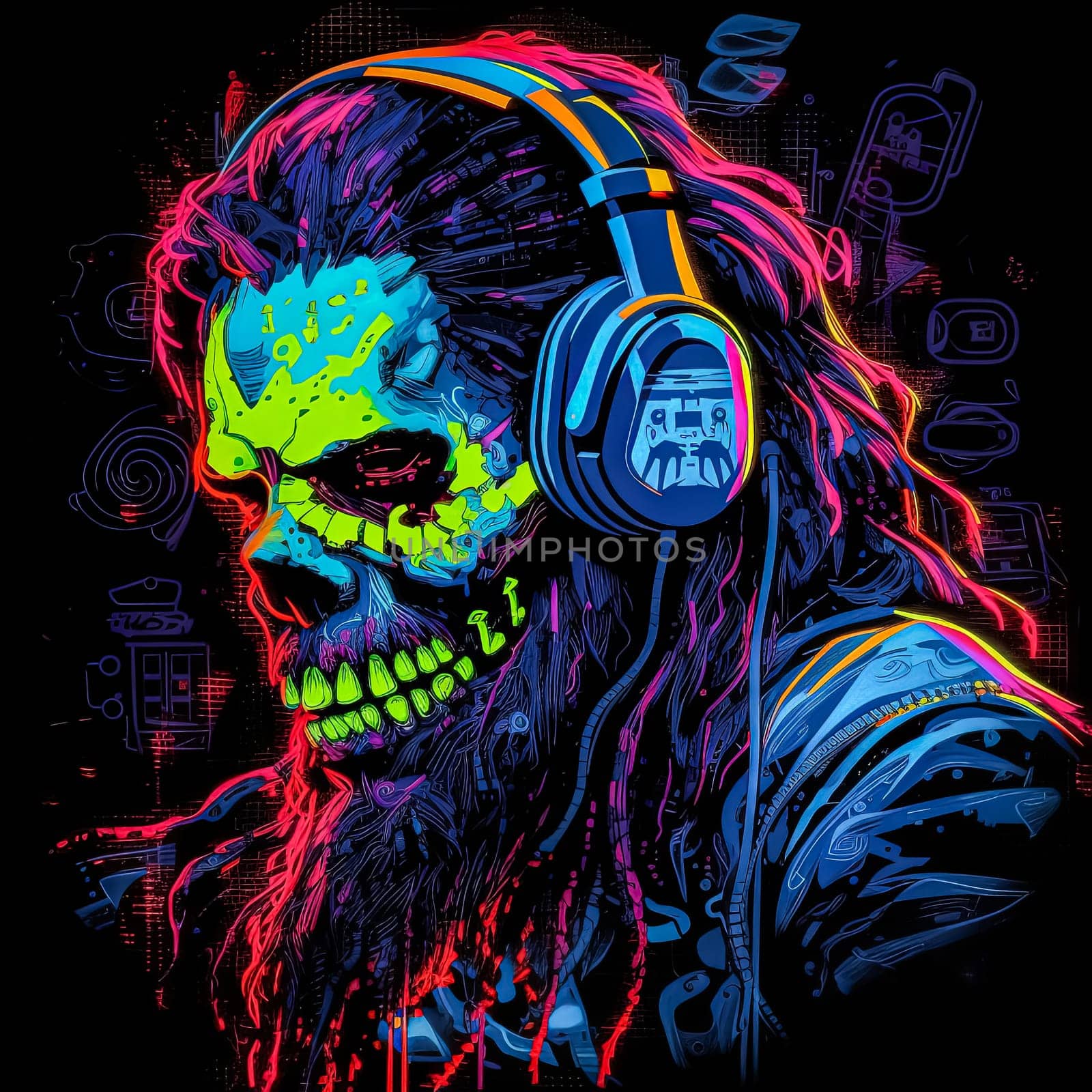 A man with a beard and sunglasses is wearing headphones and smiling. The background features skulls and bones, giving the image a dark and edgy vibe